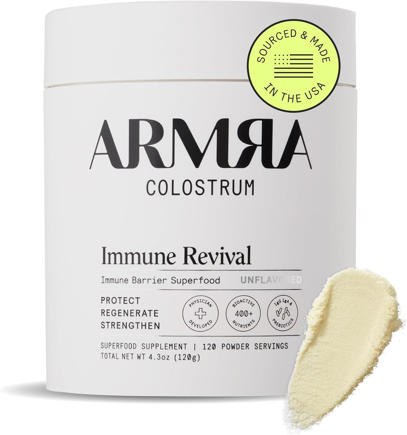 ARMRA colostrum supplement in glass jar